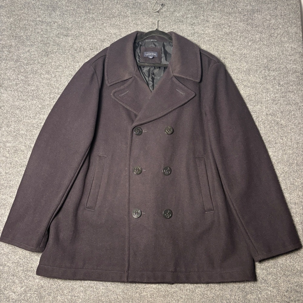 Lands End Mens Wool Blend Pea Coat XL 46-48 Navy Blue Double Breasted 392812